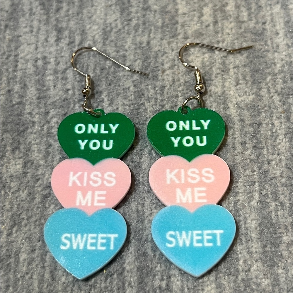 Earrings Valentine’s Day conversation heart triple dangle light colorful new